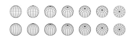 Globe grids. 3D spheres various position. Striped 3D balls, earth globe grid linear geometry vector...