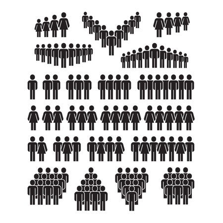 People icons. Man and woman group social pictograms, human crowd silhouette symbols. Business team simple black infographic signs isolated set. Company employees, teamwork or communityのイラスト素材