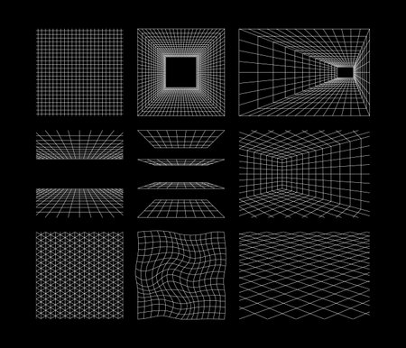 Perspective grids. Retro futuristic wireframes, cyberpunk net space. Perspective lines vanishing...