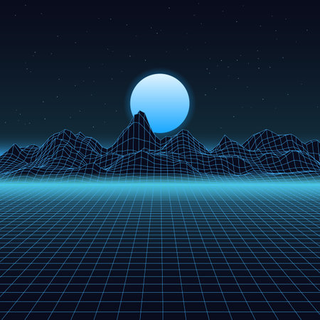 Grid mountain. Wire hills 80s video game line style, wireframe landscape futuristic wallpaper. Vector mountains with sun mesh structure panorama. Blue, neon map, squared cyberpunk areaのイラスト素材
