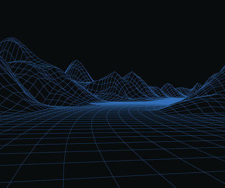 Wireframe mountains. Highway bend among mountain peaks, digital video game landscape with road, grid polygonal texture. Retro 80s cyber punk 3d background. Squared structure of land with hillsのイラスト素材