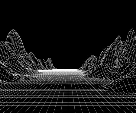 Mountains and road grid. 3d map route polygonal landscape. Futuristic space wireframe with mountain. Retrowave wallpaper with highway. Vector background. Land surface with rock peaksのイラスト素材