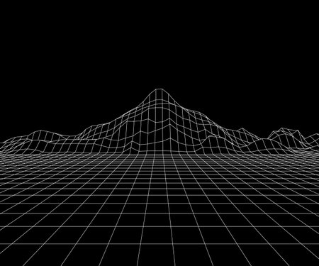 Mountains peak grid. 3d polygonal synthwave landscape. Futuristic abstract wireframe mountain. Retrowave wallpaper, vector vaporwave background. Galaxy space future planet video gameのイラスト素材