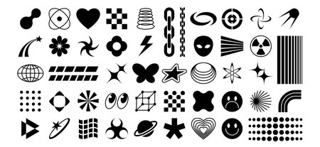 Y2k icons. 70s rave pop symbols, futuristic stars, planet and alien, emoticon spirals. Retro poster geometric symbols. Isolated minimal groovy vector set. Black elements as heart, flowerのイラスト素材