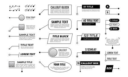 Callout. Title text box frame, infographic callouts. Pop-up textbox balloons, speech labels with arrows. Tech layouts vector set. Template for information description in presentation, newsのイラスト素材