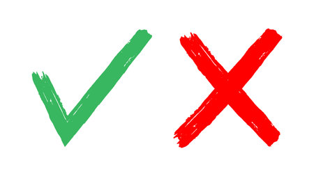 Sign green tick and red cross. Checking handwriting symbols, positive and negative choice icon, select yes or no signs on white background. Vector. Accepting or rejecting option, checklistのイラスト素材