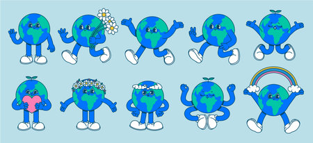 Cartoon mascot earth. Retro 70s comic character earth, walking vintage cute planet, happy globe with heart and flowers, stickers doodle world. Vector set. Environmental protection conceptのイラスト素材