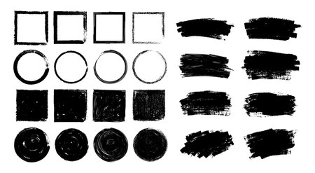 Grunge paint frame. Brush ink paint background, frames, texture border, black grungy shapes, circle, squares, abstract stain, graphic elements. Vector set. Dark dirty graffiti paintingのイラスト素材