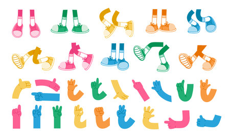 Cartoon hands and leg. Retro color comic leg in sneakers, mascot arm and hand, feet in trainers walking, expression pose, cute doodle gesture. Vector set. Feet movements, body languageのイラスト素材