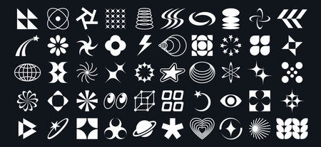 Y2k elements. Abstract geometric stars, simple globe and minimal 2000 bauhaus techno shapes. 90s...