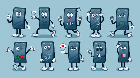 Smartphone character. Cartoon mascot phone. Mobile screen face emotions. Comic mobile phone poses with hand and leg, funny staying gadget, device sending email, vector set. Low and full batteryのイラスト素材