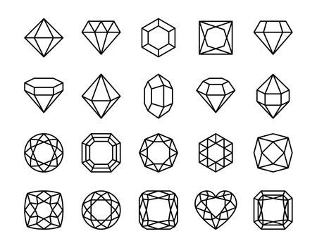 Diamond icons. Jewels diamonds, crystal gems, luxury gemstones. Brilliant faceted gem abstract shapes editable stroke, line icon isolated vector set. Precious stones of different shapesのイラスト素材