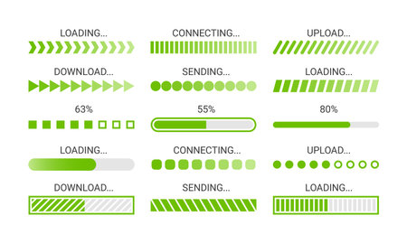 Loading bar. Green download progress loader, buffer status UI elements. Upload, download and sending...