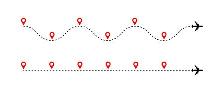 Timeline. Plane route dashed line with red map pins, airplane journey path chart with six steps. Success business process diagram vector timelines infographics. Straight and curvy flight wayのイラスト素材