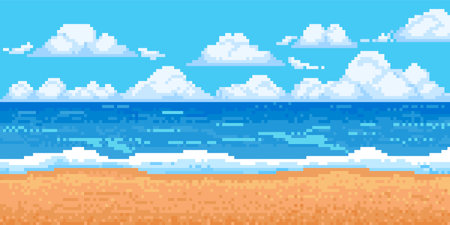 Pixel sea landscape. 8-bit sun beach with wave, cloud and sand. Game summer ocean panorama. Cloudy blue sky with horizon background. Pixels island scene. Vector illustration. Beautiful paradiseのイラスト素材