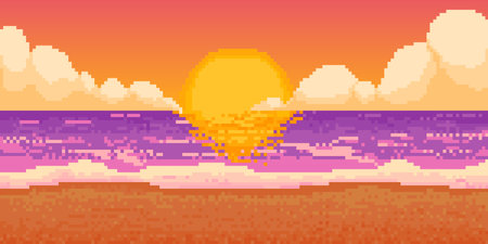 Pixel sunset beach. Game retro sea landscape. 8-bit background sunrise ocean scene, Hawaii cloudy sky with sun, night nature panorama seascape. Vector illustration. Tropical coastline for vacationのイラスト素材