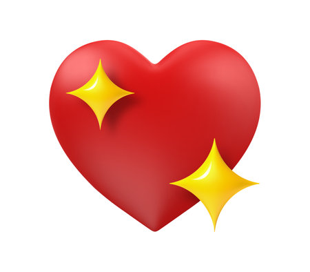 Sparkling heart emoji. 3D red heart and yellow sparkles stars, social media and email good and happy event in your life icon vector cartoon concept, romantic glittering sticker for chatsのイラスト素材