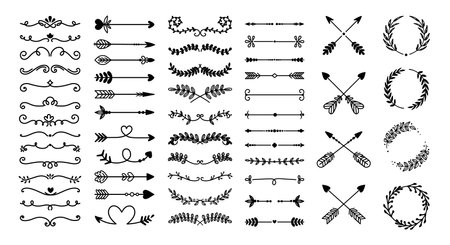 Decorative dividers. Hand drawn floral ornament, text divider, flower border, flourish arrow, foliage wreath, curly branch. Design line elements for template vector set. Greeting or invitation cardのイラスト素材