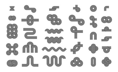 Arc line geometric. Decorative arch and knots striped patterns for abstract home boho linear decor, minimalist vintage print. Isolated vector template set. Contemporary nordic art elementsのイラスト素材