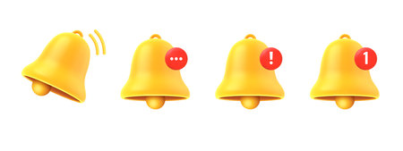 3d notification bell icon. Yellow ringing bell render with new subscription notification, social media reminder, alert. Realistic vector ui phone icons. Message or mail alert in online applicationのイラスト素材