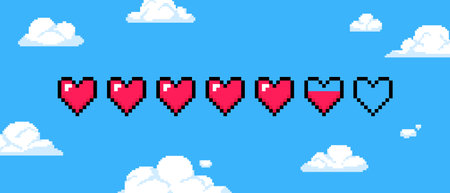 Pixel heart game health. 8 bit life bar with red hearts, retro 80s, 90s gaming interface on blue sky with white pixel clouds background. Vector illustration. Full and empty progress heartsのイラスト素材