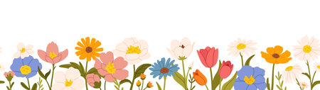 Spring flower border. Seamless blooming colorful wildflowers horizontal frame border. Natural meadow fresh flowers and plants, botanical floral vector illustration. Springtime garden with blossomのイラスト素材