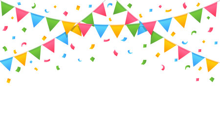 Celebration buntings flag. Decorative pennants hanging for birthdays, weddings or festive occasion. Banner with garlands and confetti. Vector illustration. Funny childish holiday with ribbonsのイラスト素材