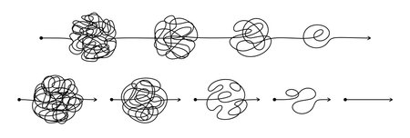 Simplifying process. Confused complicated way from difficult to simple step by step process, chaos...