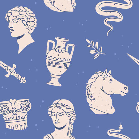 Seamless pattern ancient sculptures. Background with museum antique sculptures and objects. Greek mythological character, trendy statues and elements. Vector wallpaper. Classical building columnsのイラスト素材