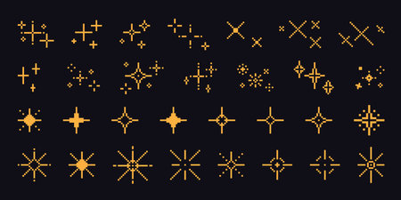 Pixel art stars. Comic 8-bit game space light. Retro decorative night pixelated sparkling elements. Yellow and gold star and glitter for mobile games. Vector set. Shiny isolated festive sparksのイラスト素材