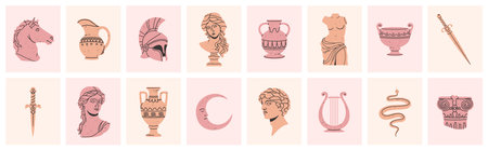 Greece mythology statues. Decorative posters with ancient sculptures, vases, column and antique body. Template with Greek Gods. Vector banner set. Elegant artwork with moon, snake and swordのイラスト素材