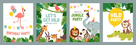 Invitation card with animals. Cute poster with baby jungle animal. Funny birthday invite template with wild lion, elephant, monkey, zebra. Kids backgrounds for holiday. Vector set. Wildlife faunaのイラスト素材