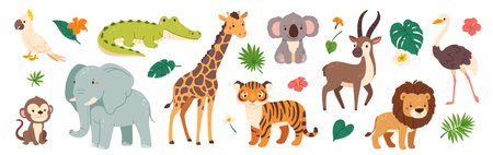 Funny safari animals. Cute cartoon kids animal character. Wild tiger, giraffe, happy koala, African crocodile, jungle monkey. Jungle plant and decorative elements. Vector collection. Tiger, crocodileのイラスト素材