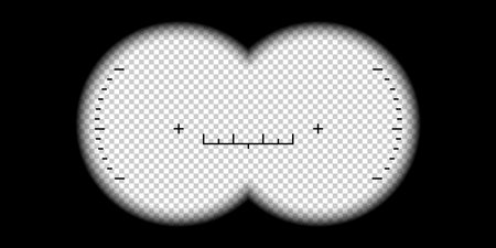 Binoculars viewfinder. Binocular POV frame with aim sight and measuring scale, watcher view look through the binoculars lenses. Realistic 3d vector template. Equipment for hunting, observingのイラスト素材