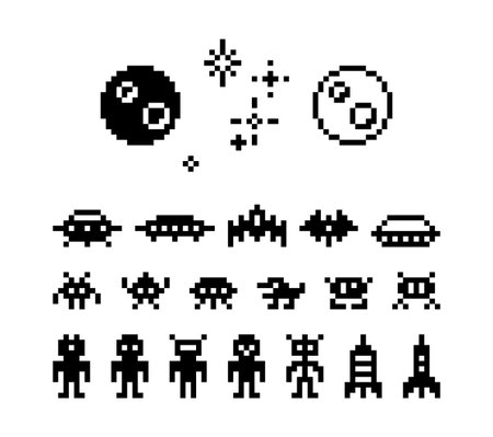 Pixel aliens. UFO, spaceships and planet with stars 8-bit pixel art space retro arcade game monsters, robots and zombies inviders silhouette icons. Vector set. Cosmic characters, universe elementsのイラスト素材
