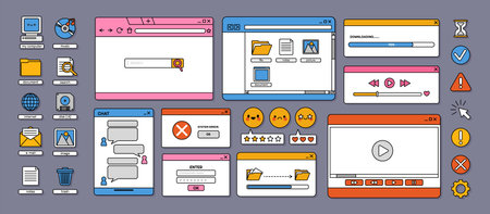 Retro 90s interface elements. Vaporwave old user desktop with aesthetic computer UI icons and...