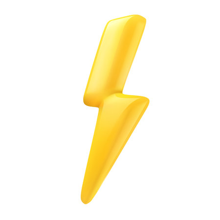 3D thunderbolt. Yellow Lightning sign. Realistic 3d lightning electric flash in plastic cartoon style. Danger and power icon isolated on white. Powerful charge vector illustration.のイラスト素材