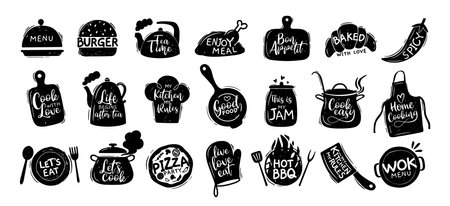 Kitchen lettering. Cooking food lettering, quotes silhouette sticker. Bakery label, cafe and shop menu element, dishes patch. Pizza, burger, wok vector elements set.のイラスト素材