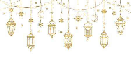 Ramadan Kareem banner. Border with hanging lantern. Ramadan Mubarak poster with golden lanterns, moon, stars. Arabic oriental holiday garland with lamp. Vector background.のイラスト素材