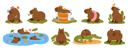 Cute capybaras. Cartoon capybara characters. Funny rodent in various poses and expressions. Animal swimming, playing, eating, relaxing. Kids happy mammal vector set.のイラスト素材
