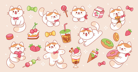 Cute cats with sweets. Cartoon kawaii cat and desserts. Tiny kittens, sweet treats, fruit drinks and sugar candy, cake. Kids animals for cafe and bakery on beige background. Vector set.のイラスト素材