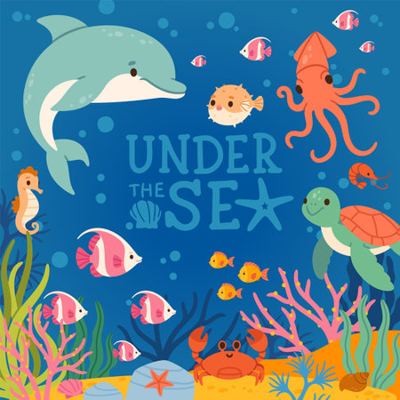 Under sea background. Underwater frame with fish, algae, corals. Ocean scenery with animals, plants, dolphin, crab, turtle on marine deep. Wildlife water landscape. Vector border.のイラスト素材