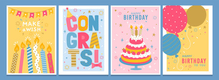 Birthday greeting cards. Cartoon happy h-bday invitation card with balloon, cake, candles, confetti,...