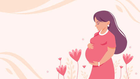 Pregnancy and motherhood. Concept banner with beauty pregnant woman hugging her belly with love. Poster with young woman and flowers, leaves. Vector illustration.のイラスト素材