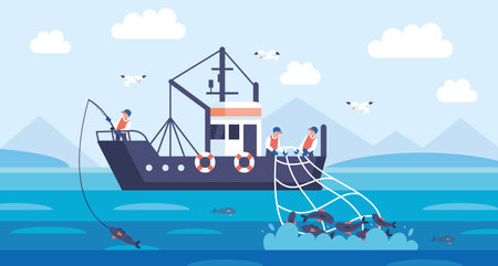Fishing on vessel boat. Cartoon fishing ship with sailors. Sea fishing industry works. Fishermen catching marine food with net on ocean. Commercial fisher vessels. Vector illustration.のイラスト素材