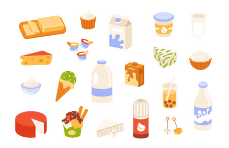 Dairy products. Fresh milk. Natural milk food. Kitchen organic milk bottles, cheese wedges, yogurt cups, cream, butter, ice cream scoops. Farm-fresh, natural ingredients vector set.のイラスト素材