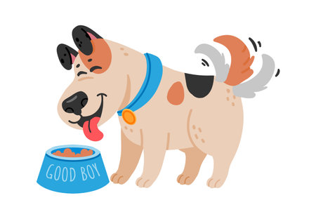 Happy cartoon dog enjoying a meal from a blue bowl, featuring a good boy inscription, wagging its tail joyfully, isolated against a clean white backgroundのイラスト素材