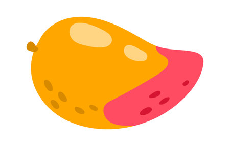 Ripe mango fruit with peel and pulp showing vitamins and nutrients is lying on a white background representing healthy eating and wellbeingのイラスト素材