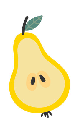 Yellow sliced pear featuring visible seeds, a stem, and a leaf, hand drawn in a simple cartoon style against a clean white background, highlighting its juicy and sweet natureのイラスト素材