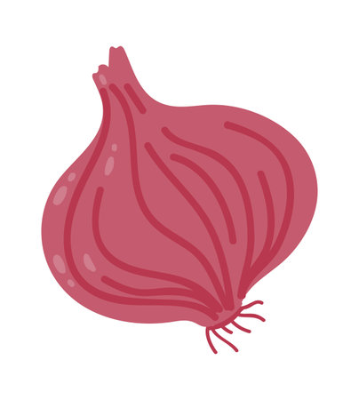 Cartoon illustration of a red onion with visible texture and roots, isolated on a white background, representing healthy eating and fresh ingredients for cookingのイラスト素材